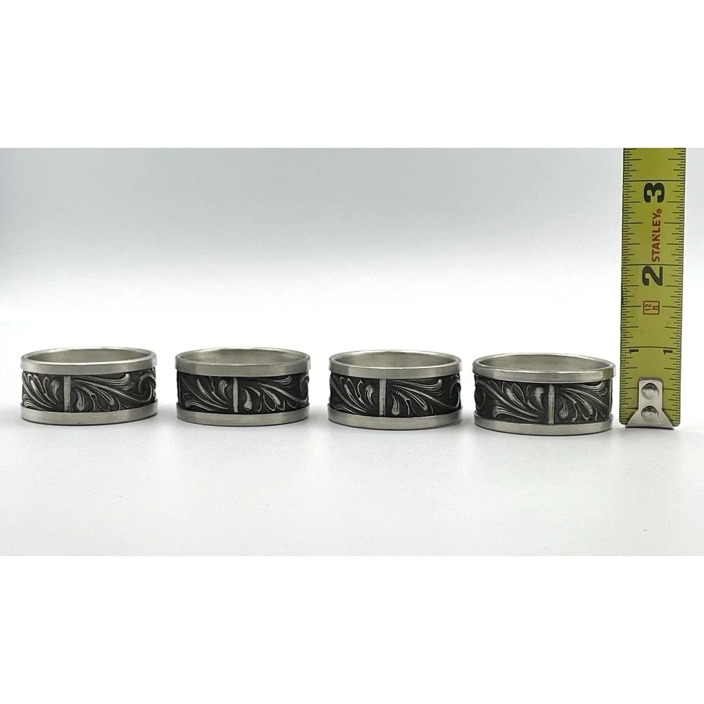 Vintage Set of 4 Norwegian Style Pewter Napkin Rings Embossed Scroll Design Box